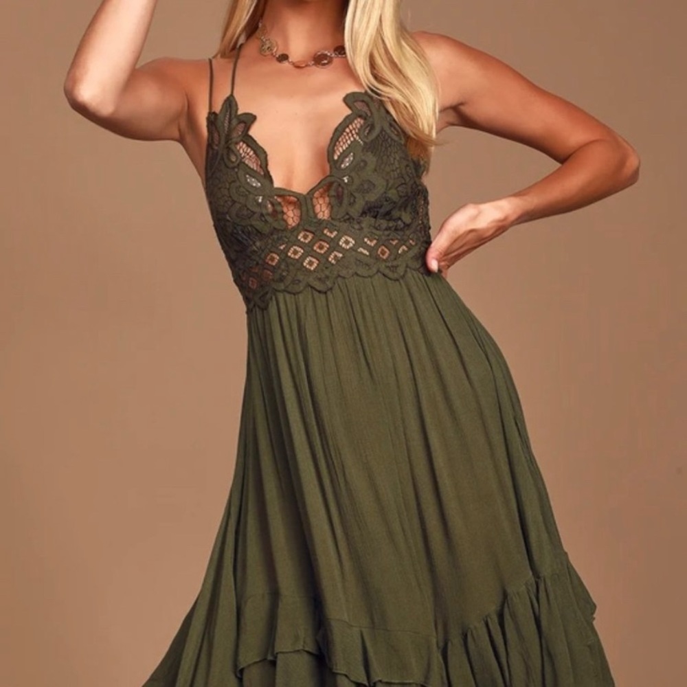 Free People Adella Lace Slip Mini Dress Olive Green - Great Condition